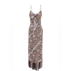 Anna Sui Floral Raw Silk Maxi Dress with Fringes